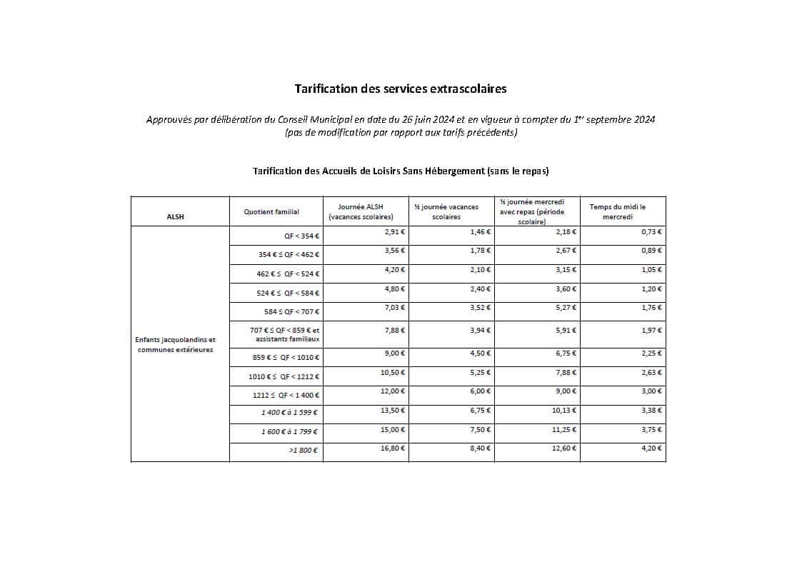 Tarification 2024 2025 Extrascolaire